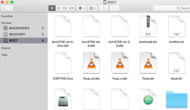 The SD card's boot partition in Finder
